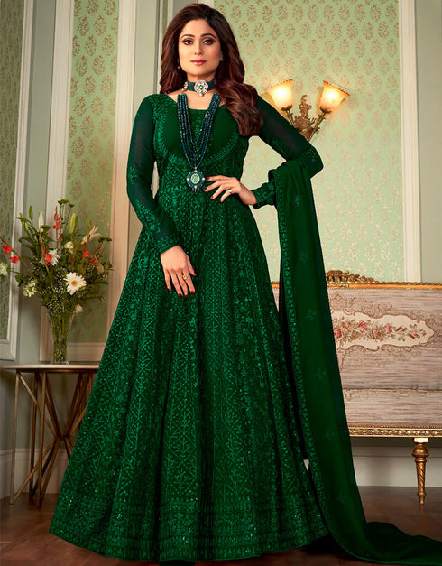 Dark Green Anarkali style Anarkali Faux Georgette Salwar Kameez in Heavy Sequins Embroidery & Lace Work