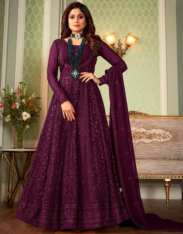 Purple Anarkali style Anarkali Faux Georgette Salwar Kameez in Heavy Sequins Embroidery & Lace Work