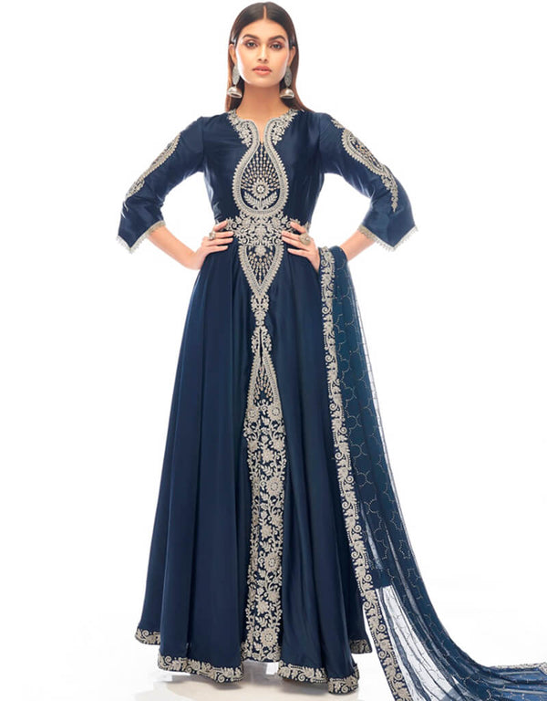 Blue Anarkali style Anarkali Japan Satin Salwar Kameez in Zarkan Embroidery, Stone & Lace Work