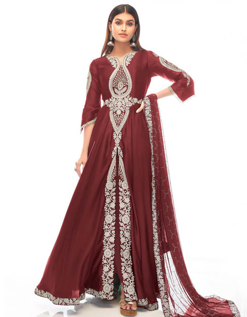 Maroon Anarkali style Anarkali Japan Satin Salwar Kameez in Zarkan Embroidery, Stone & Lace Work