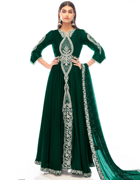Green Anarkali style Anarkali Japan Satin Salwar Kameez in Zarkan Embroidery, Stone & Lace Work