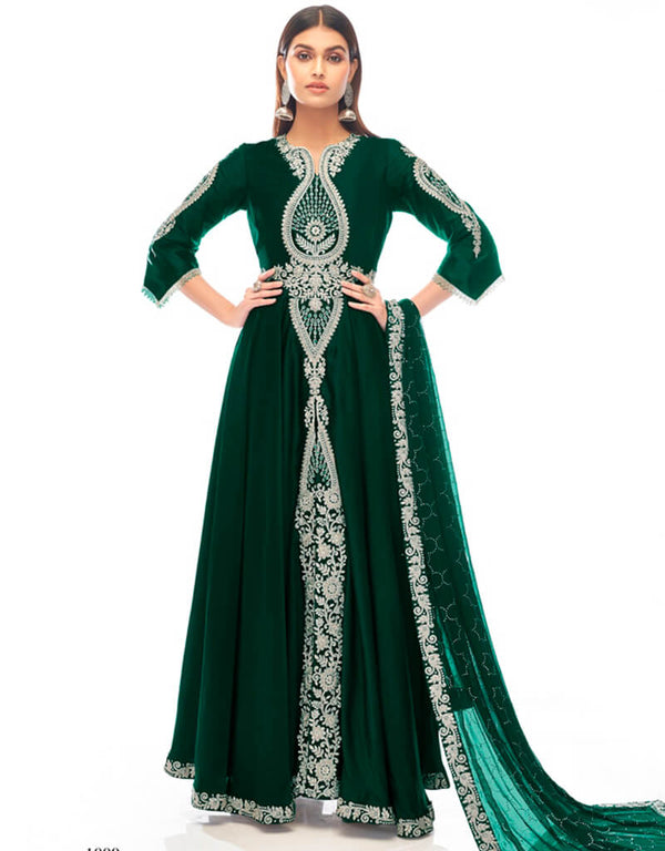 Green Anarkali style Anarkali Japan Satin Salwar Kameez in Zarkan Embroidery, Stone & Lace Work