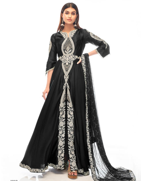 Black Anarkali style Anarkali Japan Satin Salwar Kameez in Zarkan Embroidery, Stone & Lace Work