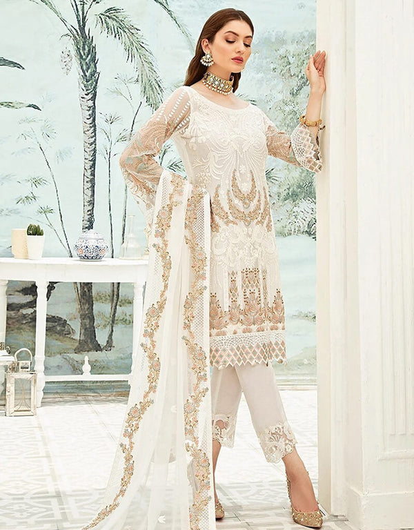 White Pant style Suit Georgette Salwar Kameez in Embroidery, Stone & Lace Work