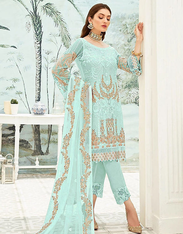 Light Blue Pant style Suit Georgette Salwar Kameez in Embroidery, Stone & Lace Work