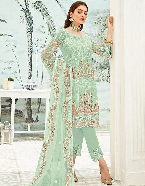 Light Green Pant style Suit Georgette Salwar Kameez in Embroidery, Stone & Lace Work