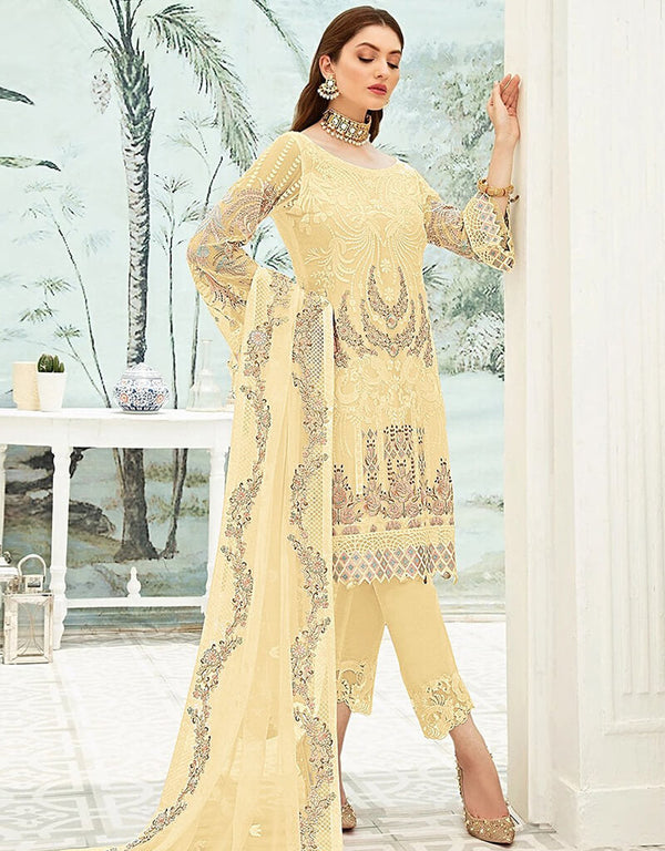 Cream Pant style Suit Georgette Salwar Kameez in Embroidery, Stone & Lace Work