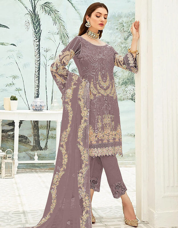 Mauve Pant style Suit Georgette Salwar Kameez in Embroidery, Stone & Lace Work