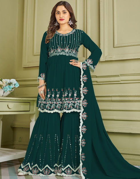 Rama Green Sharara style Suit Faux Georgette Salwar Kameez in Embroidery, Real Mirror & Lace Work