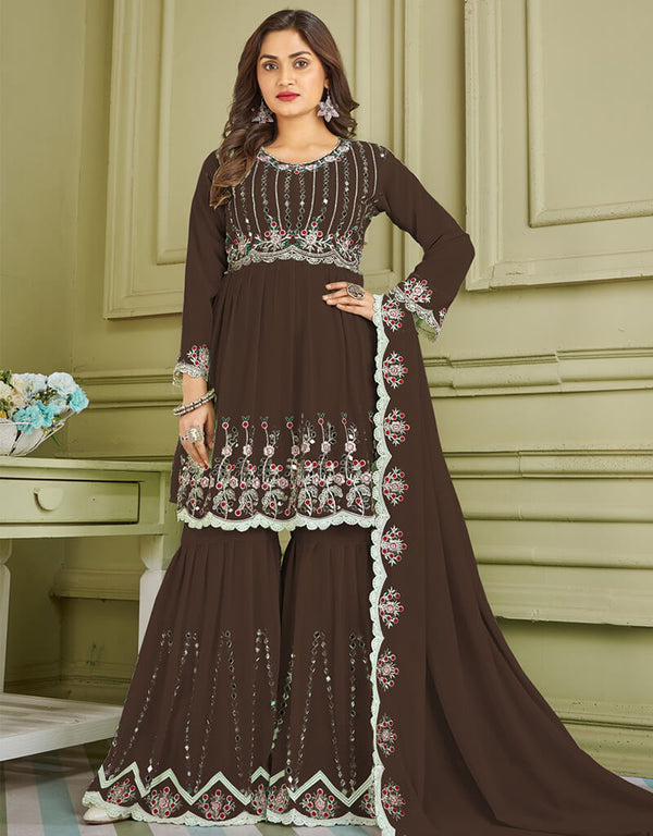 Coffee Sharara style Suit Faux Georgette Salwar Kameez in Embroidery, Real Mirror & Lace Work