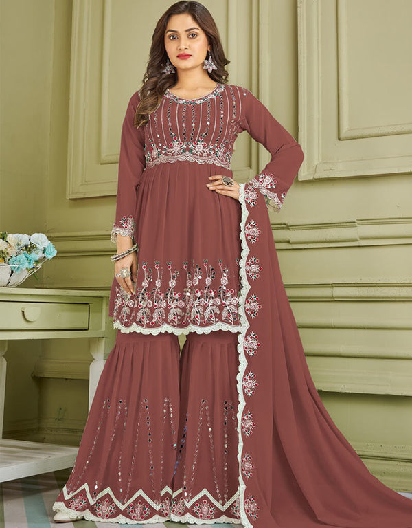 Brick Sharara style Suit Faux Georgette Salwar Kameez in Embroidery, Real Mirror & Lace Work