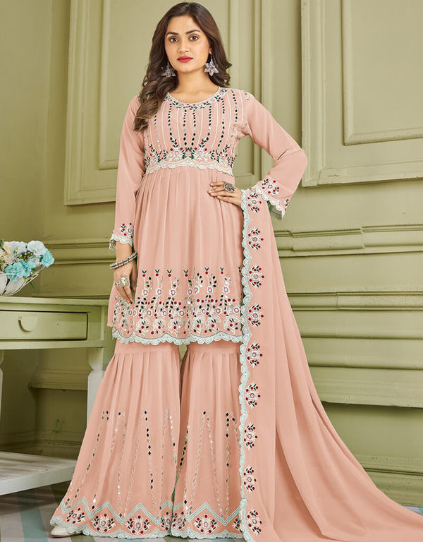 Light Pink Sharara style Suit Faux Georgette Salwar Kameez in Embroidery, Real Mirror & Lace Work