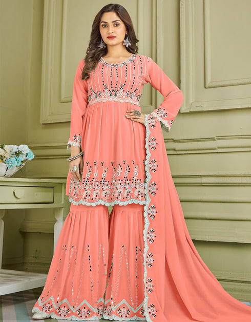 sweet Pink Sharara style Suit Faux Georgette Salwar Kameez in Embroidery, Real Mirror & Lace Work