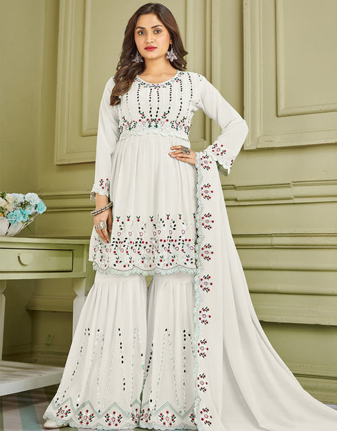 White Sharara style Suit Faux Georgette Salwar Kameez in Embroidery, Real Mirror & Lace Work