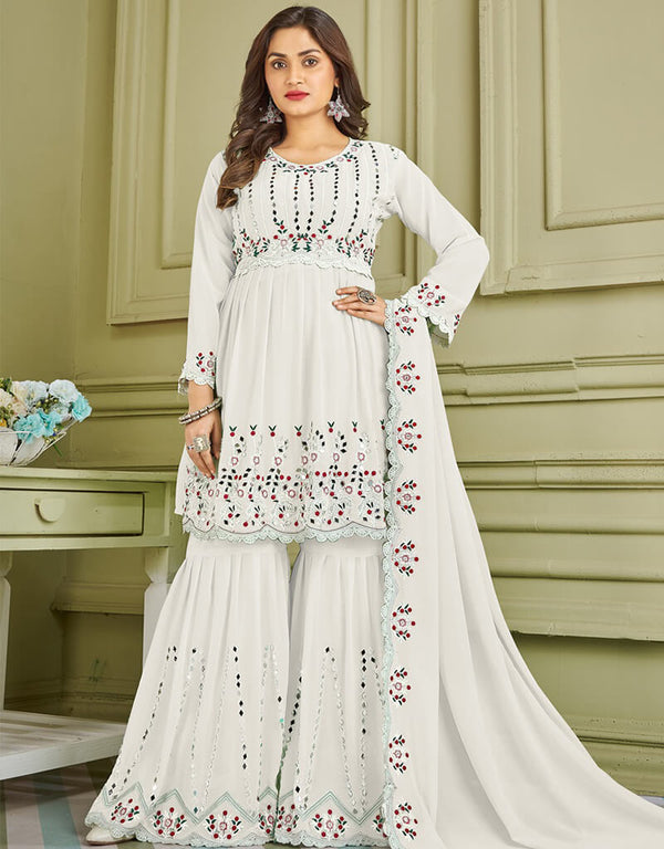 White Sharara style Suit Faux Georgette Salwar Kameez in Embroidery, Real Mirror & Lace Work