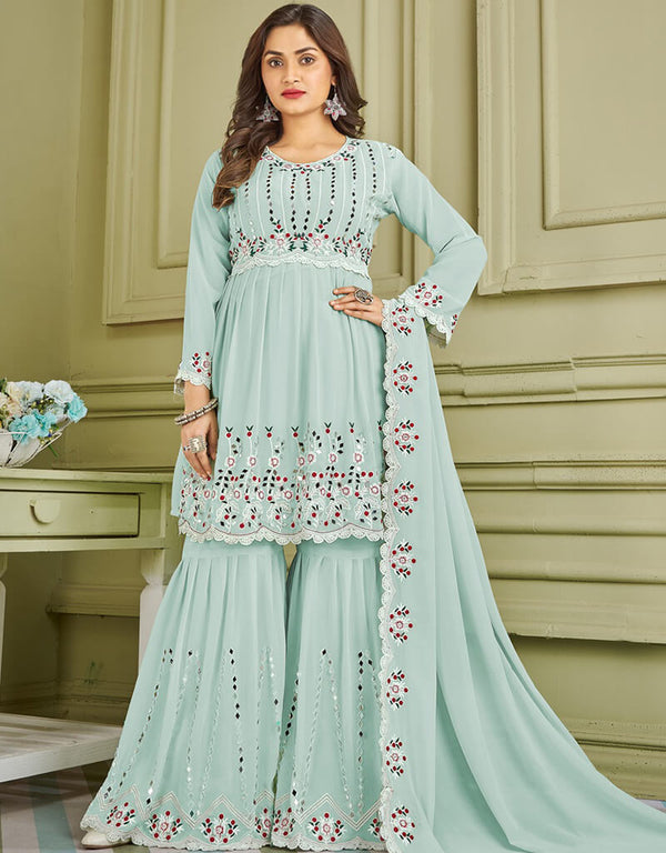 Light Sky Blue Sharara style Suit Faux Georgette Salwar Kameez in Embroidery, Real Mirror & Lace Work