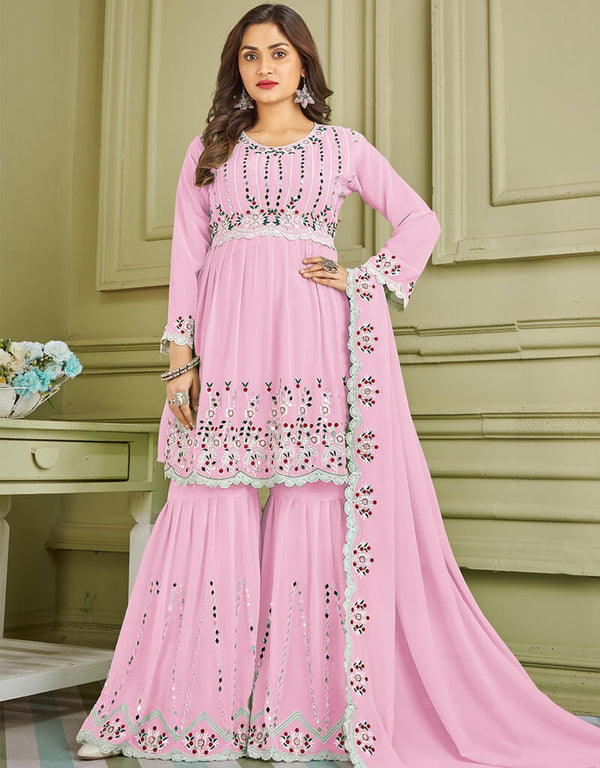Onion Pink Sharara style Suit Faux Georgette Salwar Kameez in Embroidery, Real Mirror & Lace Work