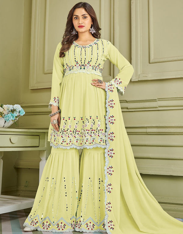 Yellow Sharara style Suit Faux Georgette Salwar Kameez in Embroidery, Real Mirror & Lace Work