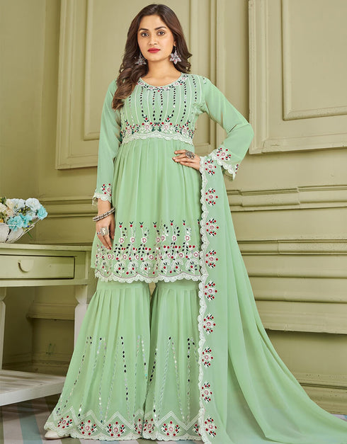 Light Green Sharara style Suit Faux Georgette Salwar Kameez in Embroidery, Real Mirror & Lace Work