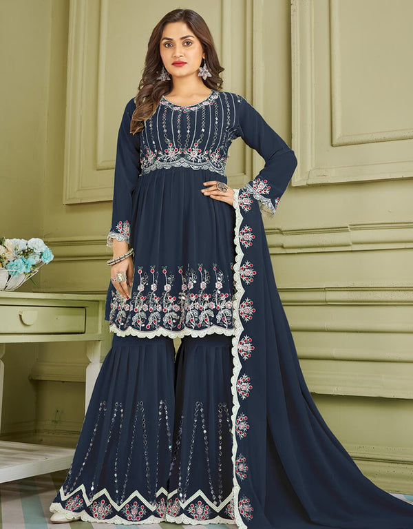 Navy Blue Sharara style Suit Faux Georgette Salwar Kameez in Embroidery, Real Mirror & Lace Work
