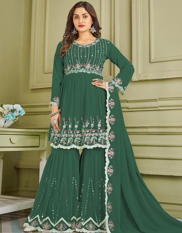 Pastel Green Sharara style Suit Faux Georgette Salwar Kameez in Embroidery, Real Mirror & Lace Work