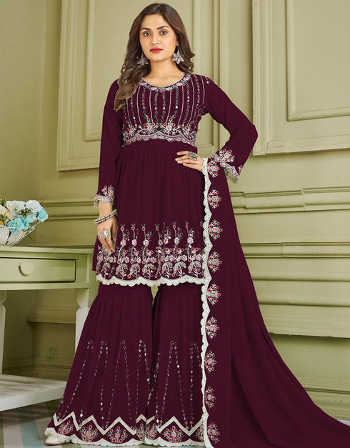Purple Sharara style Suit Faux Georgette Salwar Kameez in Embroidery, Real Mirror & Lace Work