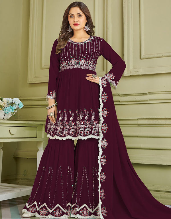 Purple Sharara style Suit Faux Georgette Salwar Kameez in Embroidery, Real Mirror & Lace Work