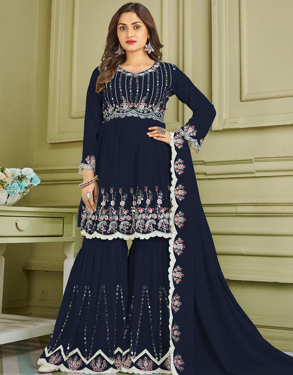 Blue Sharara style Suit Faux Georgette Salwar Kameez in Embroidery, Real Mirror & Lace Work
