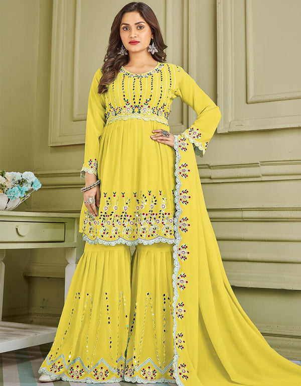 Lemon Yellow Sharara style Suit Faux Georgette Salwar Kameez in Embroidery, Real Mirror & Lace Work