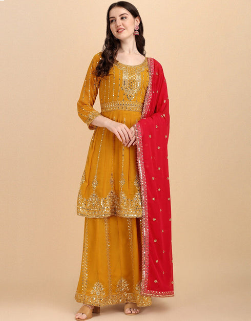 Mustard Yellow Lehenga style Suit Faux Georgette Salwar Kameez in Embroidery, Sequins & Lace Work