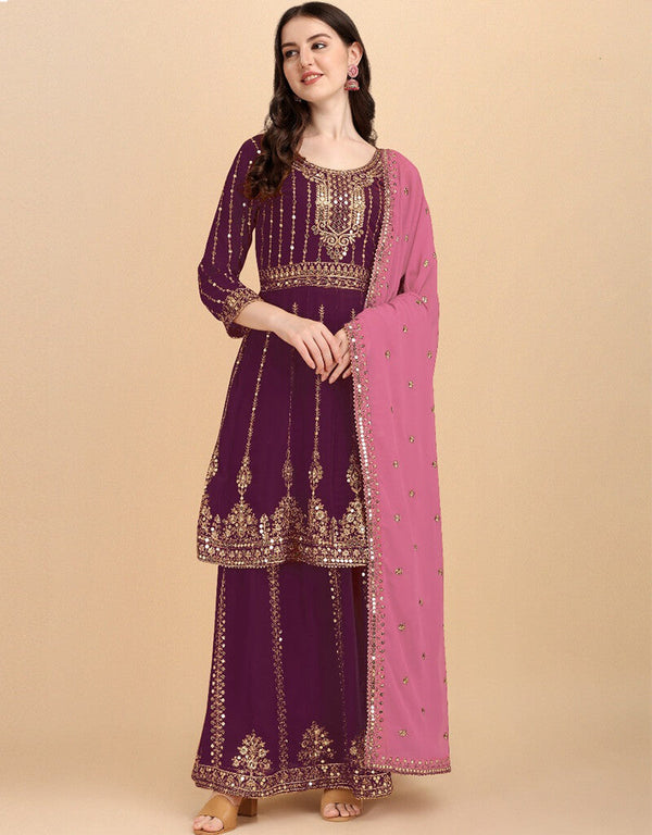 Purple Lehenga style Suit Faux Georgette Salwar Kameez in Embroidery, Sequins & Lace Work