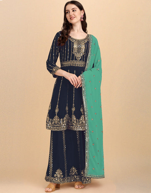 Blue Lehenga style Suit Faux Georgette Salwar Kameez in Embroidery, Sequins & Lace Work