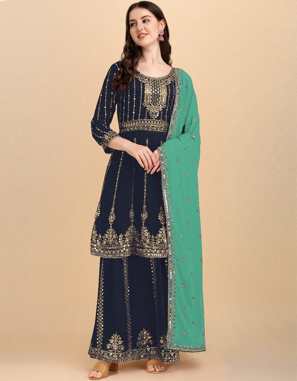 Blue Lehenga style Suit Faux Georgette Salwar Kameez in Embroidery, Sequins & Lace Work