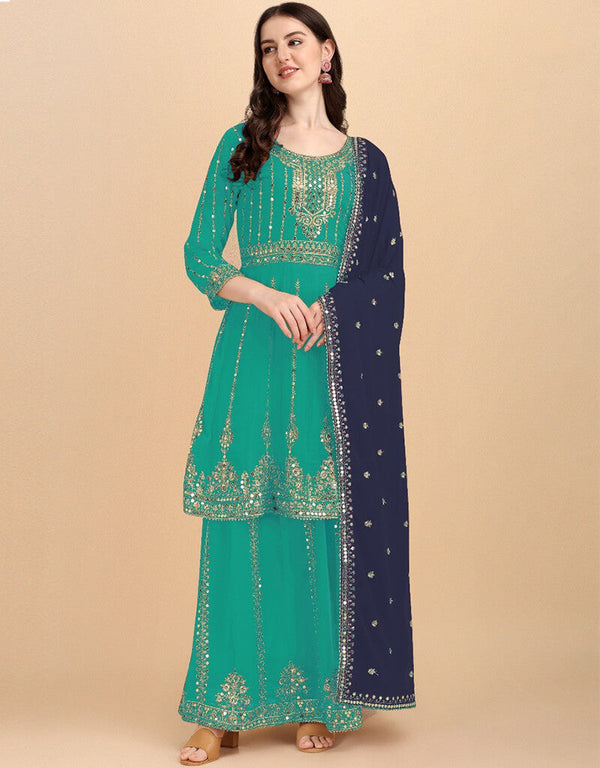 Sky Blue Lehenga style Suit Faux Georgette Salwar Kameez in Embroidery, Sequins & Lace Work