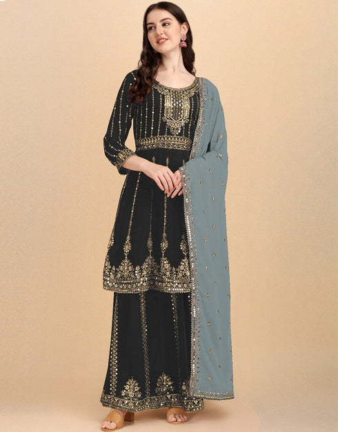 Black Lehenga style Suit Faux Georgette Salwar Kameez in Embroidery, Sequins & Lace Work