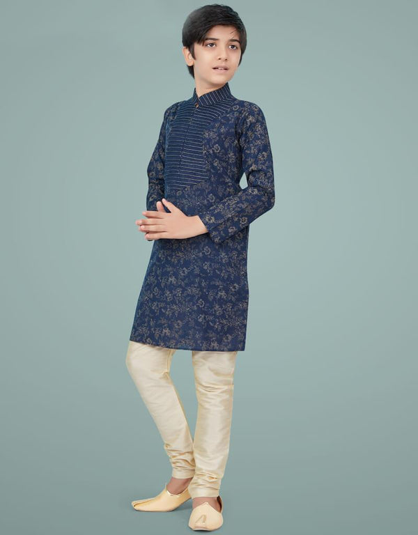Navy Blue Kurta Pajama Printed Cotton Silk