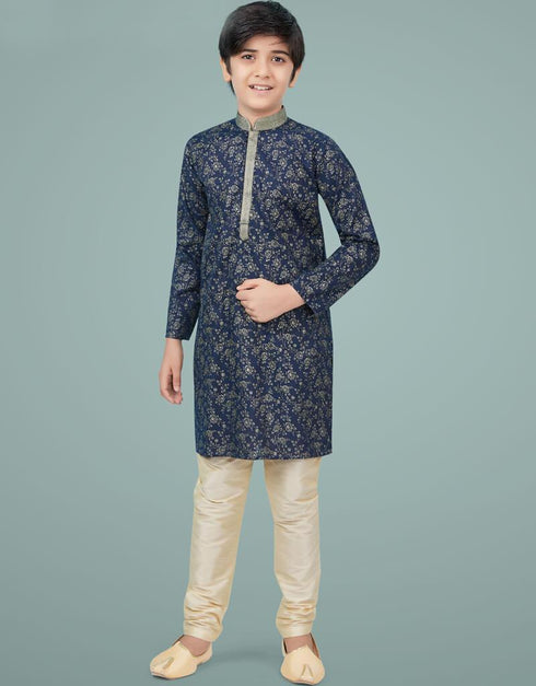 Navy Blue Kurta Pajama Printed Cotton Silk