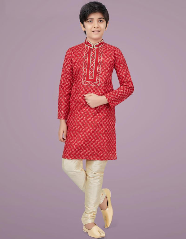 Tomato Red Kurta Pajama Printed Cotton Silk