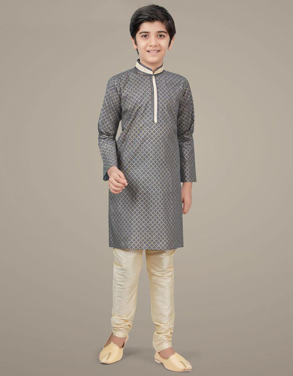 Grey Kurta Pajama Printed Cotton Silk