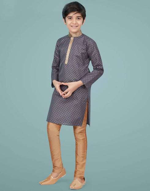 Grey Kurta Pajama Printed Cotton Silk