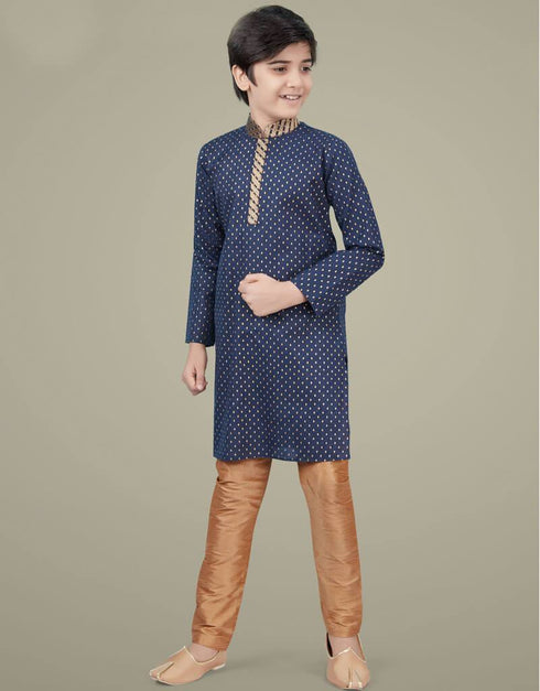 Navy Blue Kurta Pajama Printed Cotton Silk