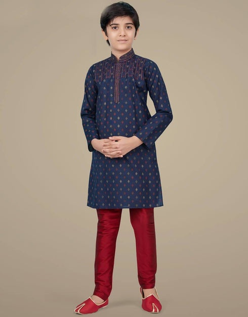 Navy Blue Kurta Pajama Printed Cotton Silk