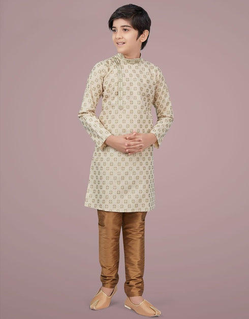 Light Gold Kurta Pajama Printed Cotton Silk