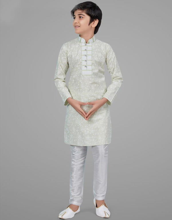 Light Pista Kurta Pajama Printed Cotton Silk