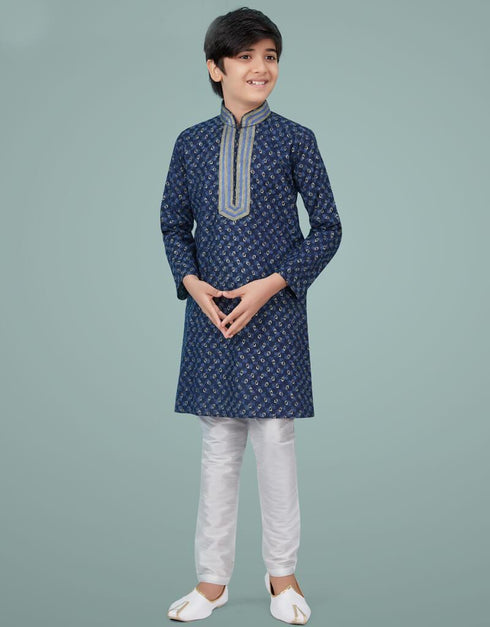 Navy Blue Kurta Pajama Printed Cotton Silk