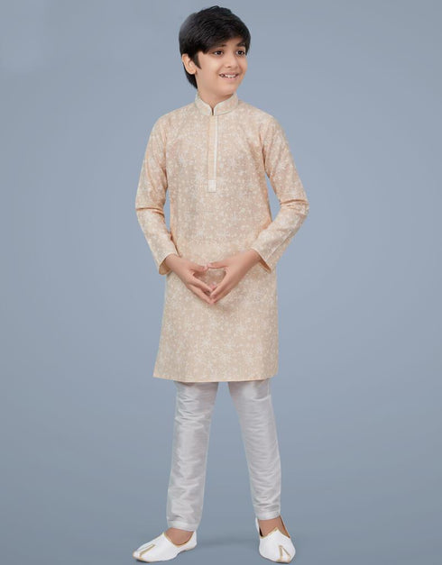 Light Peach Kurta Pajama Printed Cotton Silk