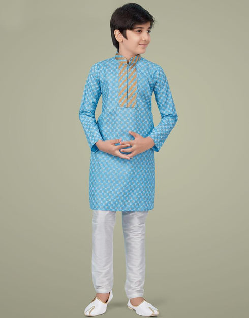 Sky Blue Kurta Pajama Printed Cotton Silk