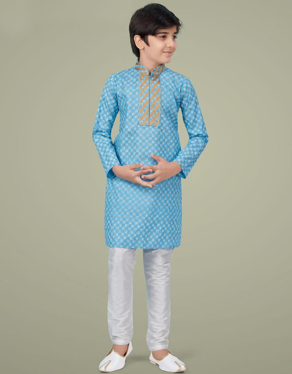 Sky Blue Kurta Pajama Printed Cotton Silk