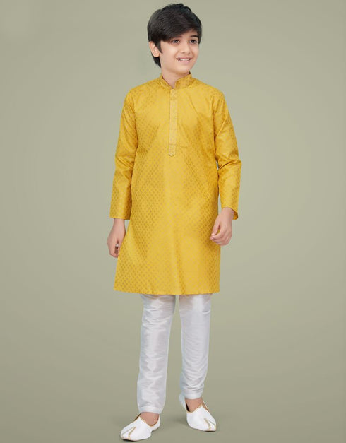 Yellow Kurta Pajama Printed Cotton Silk