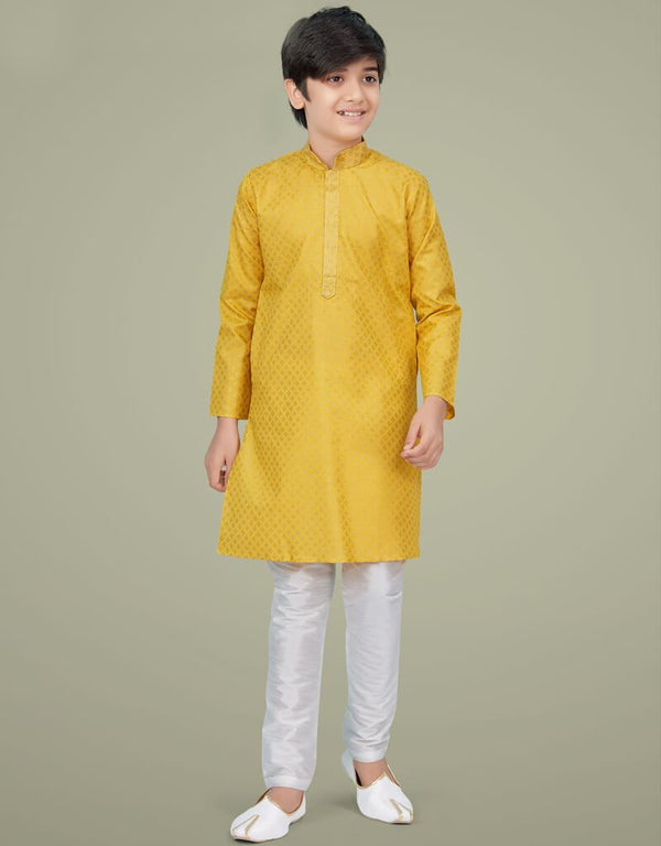 Yellow Kurta Pajama Printed Cotton Silk